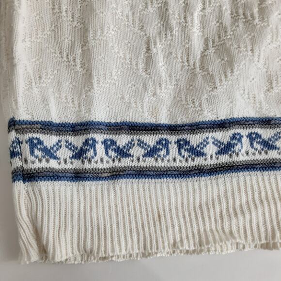 Vintage 90s Collared Polo Sweater Blue Birds Cream XL Grandmacore Farmhouse - Picture 5 of 10